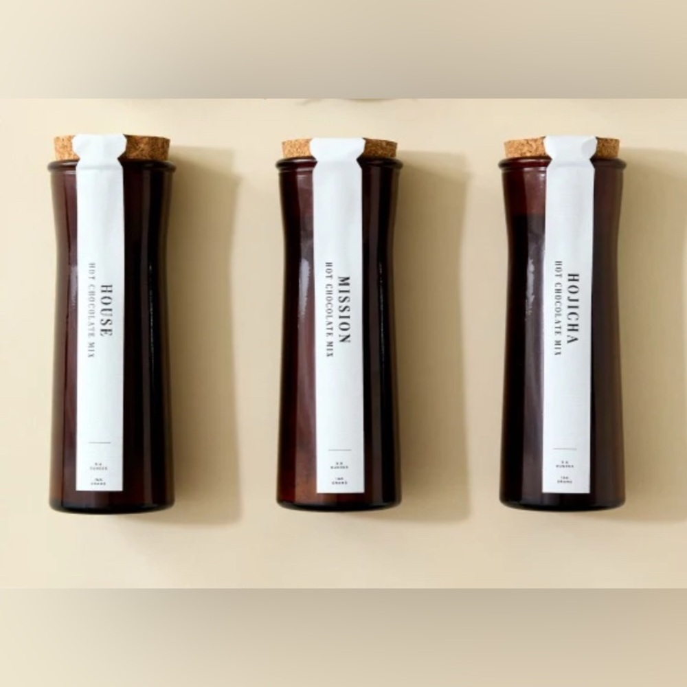 Dandelion Chocolate Set of 3 Brown Glass Bottles w Cork Lids Hot Chocolate Mix